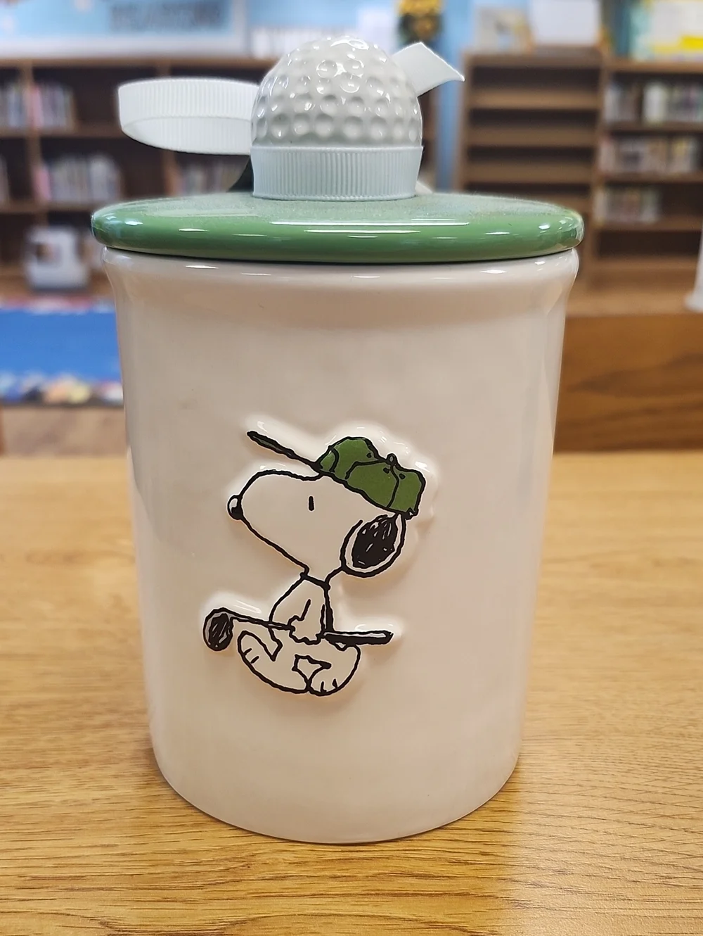 Snoopy Ceramic Tee Time Canister with Green Lid with Tag
